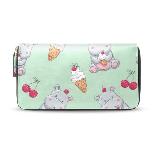 Long Wallets Leather Bifold Wallet for Women Ice Cream Cherry Hippo with Zipper Credit Card Holder Large Capacity