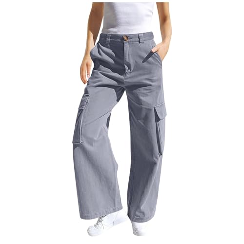Girls Trendy Cargo Pants Baggy Wide Leg Sweatpants Pockets High Waisted Zipper Button Back Elastic Straight Pants