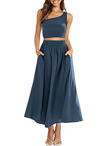 Anrabess Women's 2 Pieces Outfits One Shoulder Smocked Crop Top & High Waist Long Skirt Dress Set With Pockets 543Tianqing-S Navy Blue #TOP11