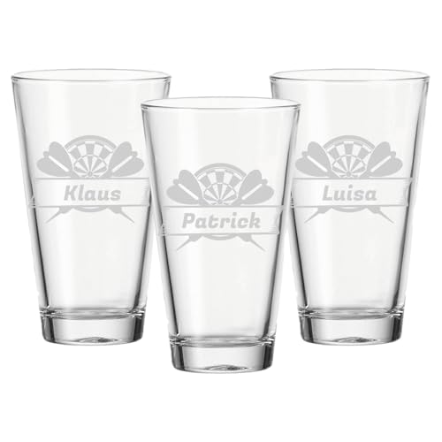 LUXENTU Trinkgläser mit Gravur 3er Set, 300 ml, Wassergläser und Kindergläser mit Darts-Motiven, Personalisierbar mit Namen, Individuelle Lasergravur, Dartscheibe & Pfeile