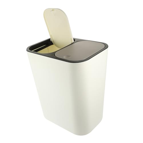 Caneca de Basura con Compartimento Doble y Tapa, Plástico, Blanco