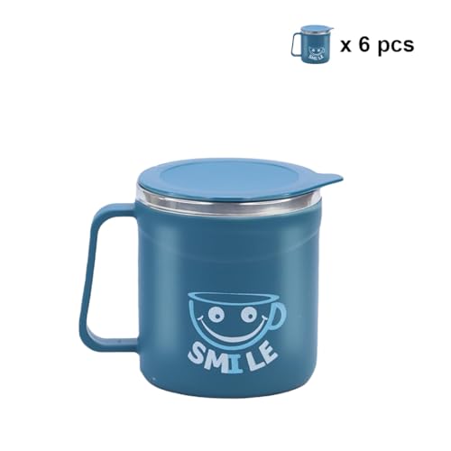 Image of ATTRO Happy Mug Set of 6-Comes with Double Wall Inner Stainless Still & Lid Stylish Cup Ideal for Hot Coffee, Tea - 300ml-Blue