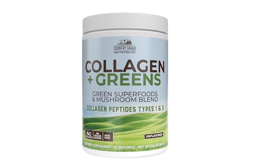 Country Farms Collagen Peptides Powder with Greens Dietary Powder Supplement (Type I III) for Skin Hair Nail and Joints Dairy/Sugar Free Energizing Superfoods Natural 10.6 Oz 30 Servings