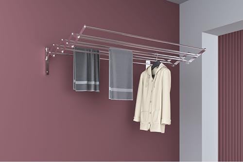 Image of Premium Heavy-Duty Stainless Steel Retractable Wall-Mounted Clothes Drying Rack | Multi-Rod Design for Laundry Room, Bathroom, Balcony, Indoor & Outdoor Use - 8 Rod, 3 Feet
