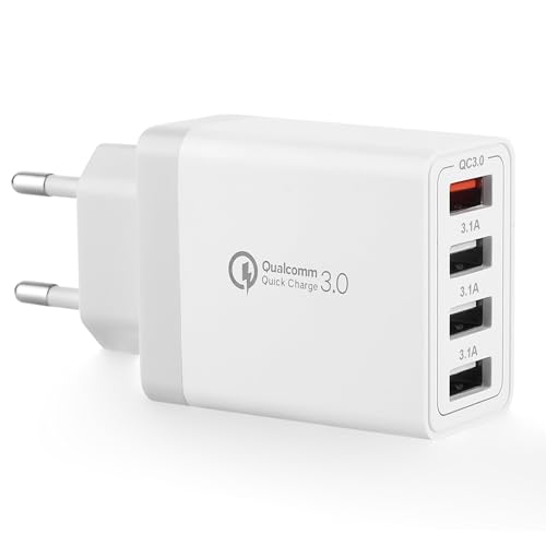 Enchufe Cargador USB, Adaptador de Carga USB de 4-Puerto con Cargador Rápido Inteligente QC 3.0 de 33W Múltiple para iPhone 15 14 13 12 11 Pro X 8, Samsung S23 S22 S21 S20 S10 S9 A15 A34 A55 Móvil