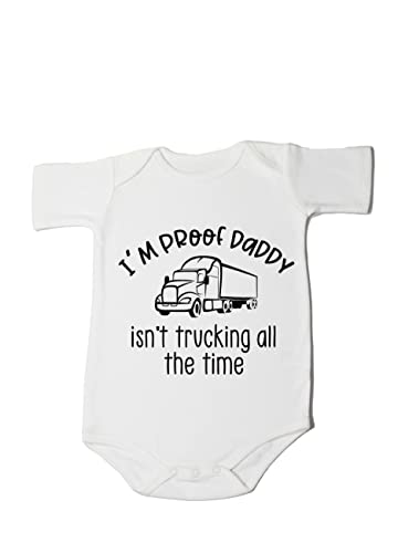 Image of HandyKnitArt Cute Truck Pattern Short-Sleeved Onesie for New Babies -Cute Saying I'm proof Daddy isn't trucking all the time