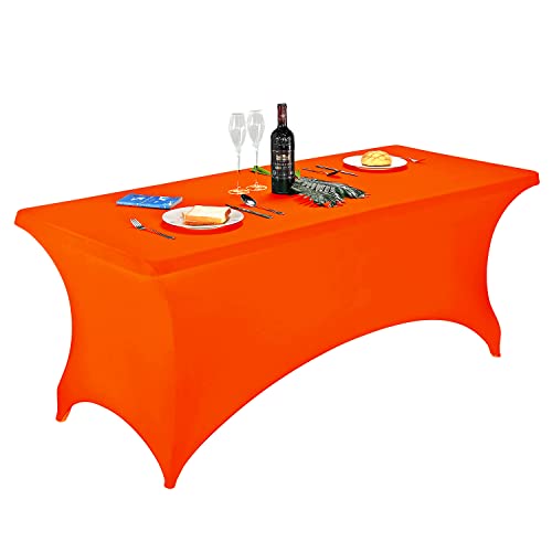 Image of FORLIFE Spandex Table Cover - Fitted 6ft Rectangular Tablecloth, Stretch Patio Cover, Universal for Wedding, Banquet, Party (Neon Orange)