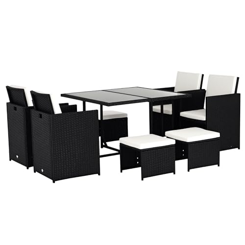 Outsunny Ensemble Salon de Jardin encastrable 8 Personnes 9 pièces résine tressée 4 Fils Imitation rotin Noir Coussins déhoussables crème