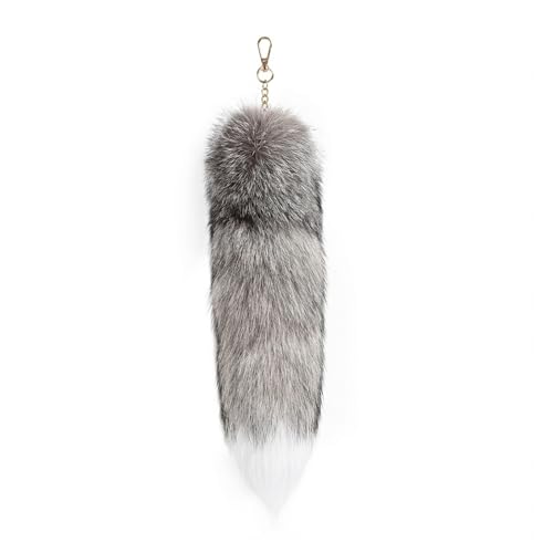 whitefeather Faux Fox Tail Keychain 40cm Grey Fluffy Synthetic Fur Charm for Cosplay Furry & Everyday Style