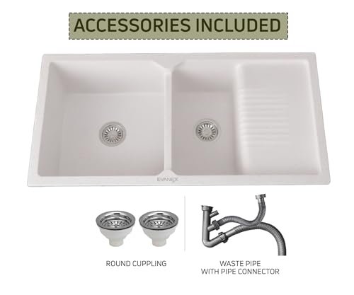 Image of EVANEX Quartz Sink for Kitchen | 45x20x9 inch Double Bowl Kitchen Sink with Drain Board | Matt Finish | Rosa Quartz Kitchen Sink with Sink Connector, Waste Pipe, Coupling and Drain Basket