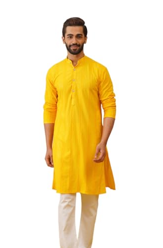 Jompers Men's Yellow Sequins Chikankari Embroidered Kurta With Pyjama (Yellow, S)
