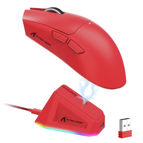 LexonElec x Attack Shark X11 Kabellose Gaming-Maus mit RGB Magnetische Ladestation, PixArt PAW3311-Sensor, Ultraleichte 59g Schwere Tri-Mode-Gaming-Maus, Wired/2,4 G/BT, 22 K DPI-Red