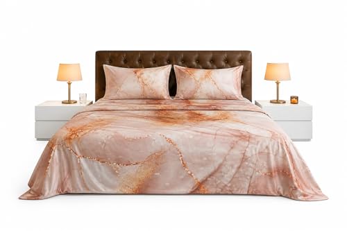 Image of Print Story 300tc 100% Cotton Double Size Flat Bedsheet - Peach Marble Dream | Marble Design Cotton Bedsheet for Double Bed with Pillow Covers