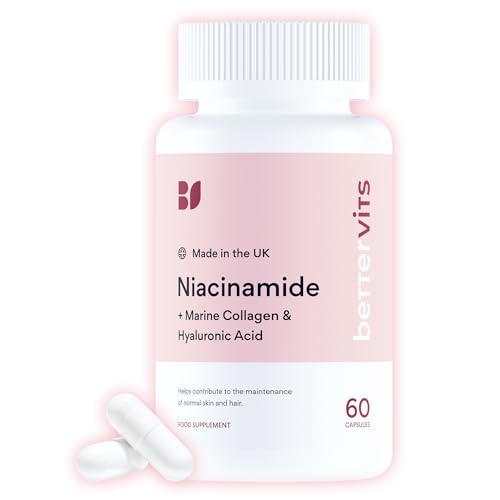 Bettervits Niacinamide Complex with Vitamin B3 Niacin Marine Collagen and Hyaluronic Acid High-Strength Niacinamide Supplement for Energy Support Natural Vitamin B3 Boost 60 Capsules
