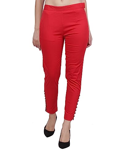 Image of POPWINGS Women Casual Mid Rise Stretchable Red Cotton Trouser