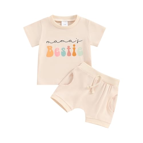 Kupretty Baby Girl Summer Clothes Letter Printed Short Sleeve T-shirt Tee Tops + Solid Shorts Toddler Clothing Set (Beige, 3-6 Months)