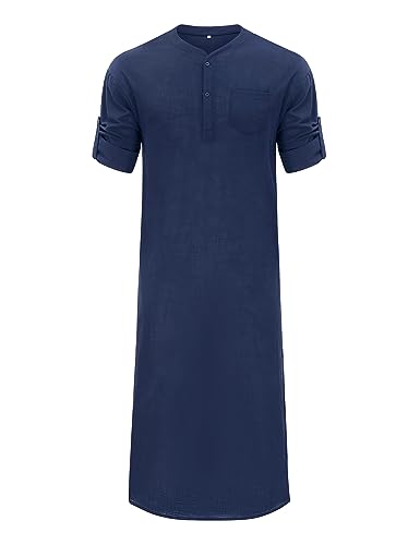 TURETRENDY Men's Linen Kaftan Thobe Long Sleeve Robe Gown Casual Longline T Shirts with Pocket2