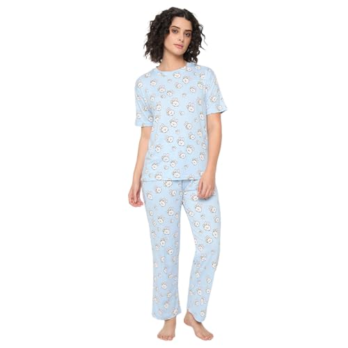 Image of CAMEY Women's Printed Pyjama Set, Short Sleeve T-Shirt and Trousers, Women Nightsuit, Loungewear Sets