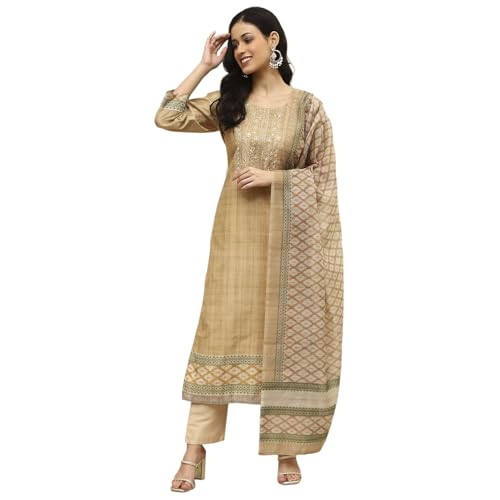 Image of BIBA Women Beige Cotton Machine Embroidered Unstitched Suit Set