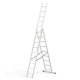 DRABEST - Home - Aluminium-Leiter - 3x6 Sprossen - Max. 2,97 m lang - Max. Arbeitshöhe 3,98 m - bis 150 kg - 3-teilig - Mehrzweck-, Steh-, Auszieh- Klappleiter - rutschfest - Verstellbar