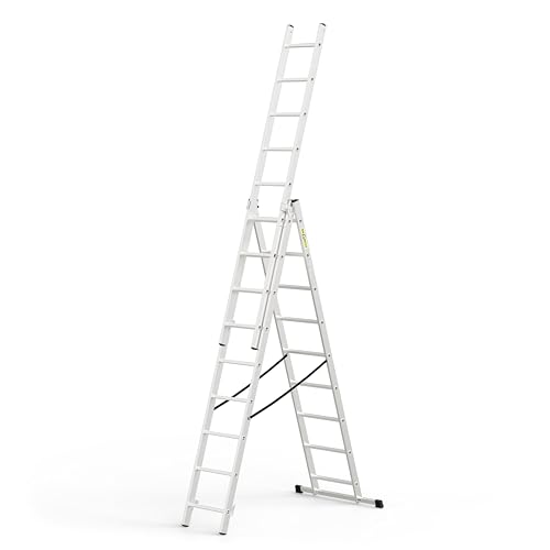 DRABEST - Home - Aluminium-Leiter - 3x6 Sprossen - Max. 2,97 m lang - Max. Arbeitshöhe 3,98 m - bis 150 kg - 3-teilig - Mehrzweck-, Steh-, Auszieh- Klappleiter - rutschfest - Verstellbar