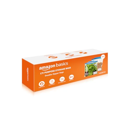 Image of Amazon Basics - Multipurpose Zip Lock Storage Bags | 15 Bags | Assorted Sizes, 5 Each - S, M, L | Material Plastic | Reusable and Reclosable with Double Zipper