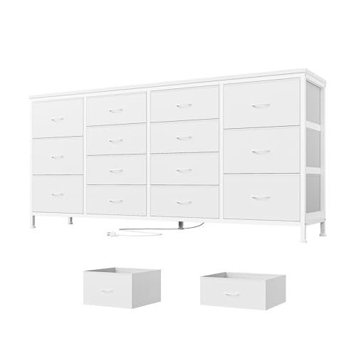 GarveeMore Cómoda De 14 Cajones con Puertos De Carga, Armario De Almacenamiento De Estilo Rústico, Ideal para Sala De Estar, Dormitorio y Pasillo, 160×35×75 cm