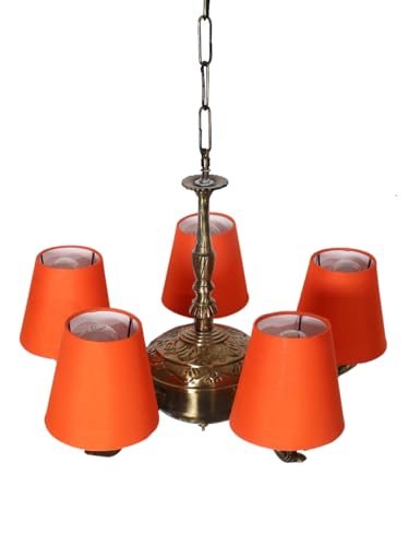Image of Devansh 05 Lights Orange conical Cotton Shade with Antique Golden Chandelier