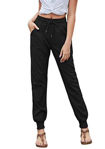 Hose Damen Sommer Casual Baumwolle Leinen Stoffhose Einfarbig Freizeithose Stretch Leicht Leinenhose Straight Leg Hose und Taschen (Z Schwarz, L)
