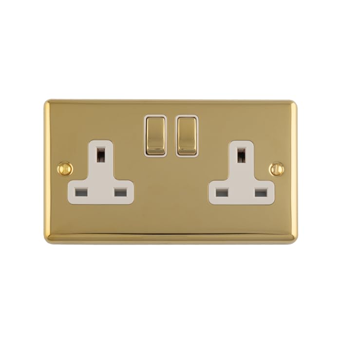 Kooples Hardware Enhance Decorative Socket 1 or 2 Gang Modern Electrical Wall Outlet (Polished Brass, 2 Gang with White Trim)