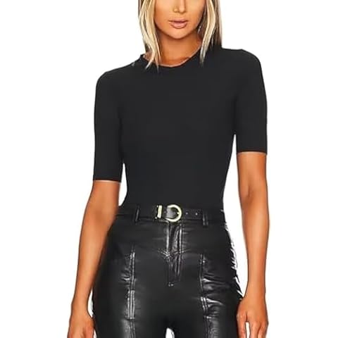 BONITEE Womens Bodysuits Tops Casual Half Sleeve Bodysuit Shirts 2025 Summer Ribbed Slim Fitted Round Neck Jumpsuit Blouses Black,L Cover
