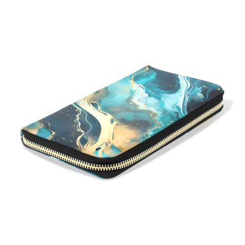 Long Wallets Leather Bifold Wallet for Women Blue Marble Gold with Zipper Credit Card Holder Large Capacity4
