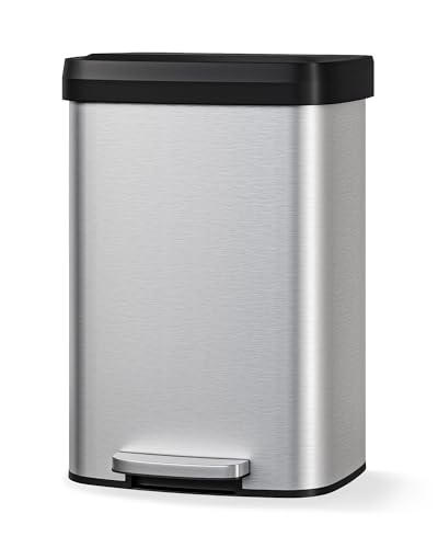 Garvee 13 gal / 50 L Stainless Steel Trash Can with Lid, Large Garbage Can for Kitchen, Rustproof Step-on Kitchen Metal Trash Bin with Liner Rim, Rear Handle, Soft Close Plastic Lid, Silver