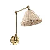 WINGBO Wall Sconce Rattan Wrapped Wall Lamp, Adjustable Swing Arm Gold Wall Light Fixture Foldable Vintage Bedside Light Wicker Handmade Shade Brass Reading Light Plug in or Hardwire (1 Pack)