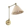 WINGBO Wall Sconce Rattan Wrapped Wall Lamp Adjustable Swing Arm Gold Wall Light Fixture Foldable Vintage Bedside Light Wicker Handmade Shade Brass Reading Light Plug in or Hardwire 1 Pack