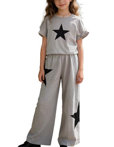 Image of Girls 2 Piece Outfits Star Print Ruffle Sleeve Tops and Wide Leg Pants Set Summer Clothes