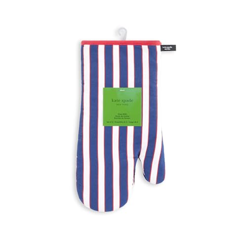 Image of kate spade new york Botanical Stripe Oven Mitt 2-Pack Set, 7 inch x 13 inch, Navy Blue /Red