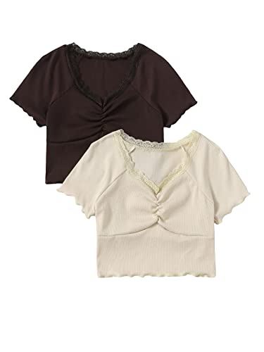 Milumia Girl's 2 Pack Rib Knit Lace Trim V Neck Short Sleeve Crop Tee Top Brown And Beige 14 Years #TOP13
