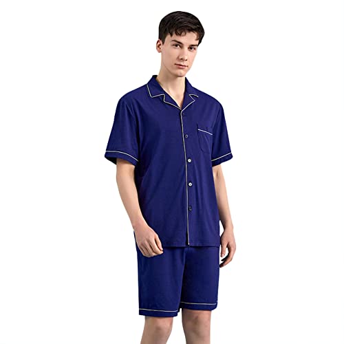 Qianxiu Mens Short Pajamas Set Pajamas For Men - Mens Pjs Sets, Classic, 100% Cotton Dark Blue #TOP4
