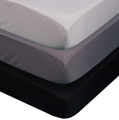 Image of Belsden 3 Pack Soft Waterproof Crib Sheets, Wipeable Machine Washable Crib and Toddler Mattress Pad Cover, Fitted Microfiber Baby Boy Sheets Set, 28’’x 52’’, Light Grey & Dark Grey & Black