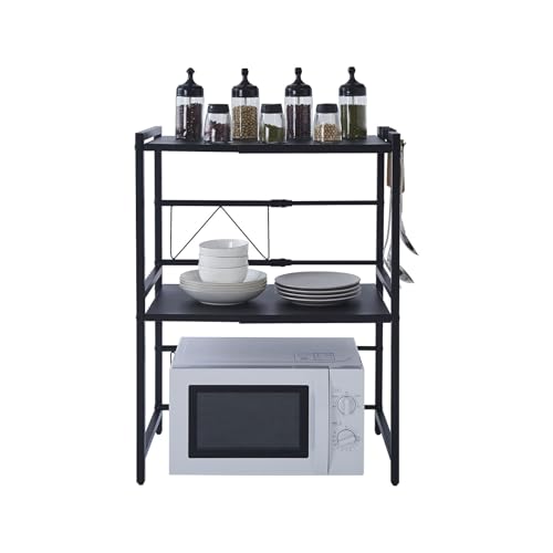 ZZINOKE Estante Microondas Extensible, Estanteria Cocina Encimera 3 Niveles, con 6 Ganchos, Estante de Especias Altura y Longitud Ajustable, Estable, 40-60 × 35 × 45,5 cm, Negro