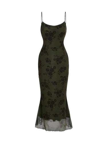 Vestidos midi femininos com estampa floral em malha, elegantes, estilo bodycon, com alças finas, para festival, Verde militar, M