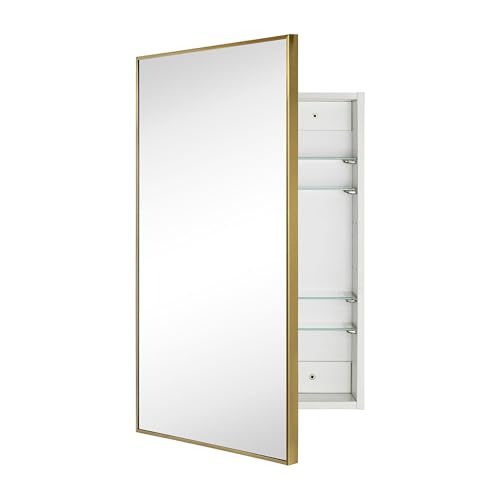 Image of TEHOME 20'' x 30'' Brushed Gold Recessed and Surface Mount Bathroom Medicine Cabinet with Mirror Brushed Gold Square Cornered Metal Framed Rounded Rectangle Medicine Cabinet Mirror