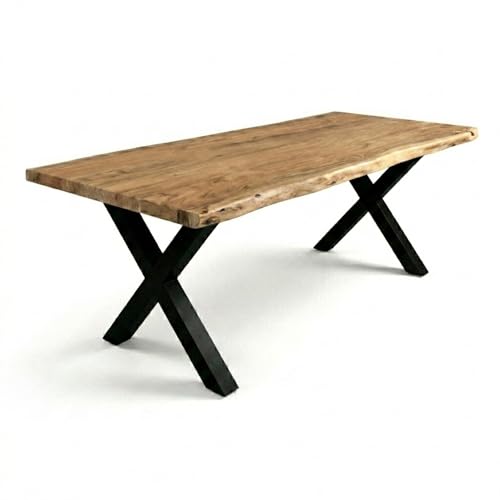 SAM Baumkantentisch Cali 260 x 110 cm, Akazienholz massiv naturfarben, 50 mm Tischplatte, Esstisch mit X-Metallgestell Schwarz, Industrial-Design