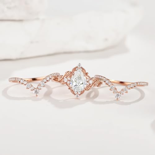 Moissanite Engagement Ring Set - 1ct Pear Cut Bridal Sets for Women, 10K 14K 18K Vintage Leaf Wedding Rings, 3pcs Promise Rings2