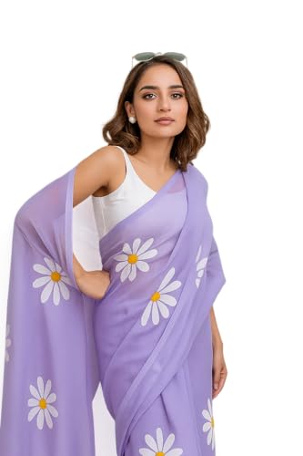 Image of Lilan Cotton Saree with White Daisy Floral Prints Tassel Pallu Lightweight Summer Saree