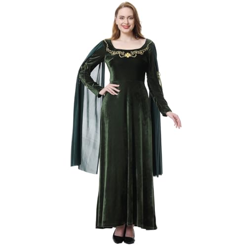 HAPNBCELE Langes Retro-Kleid mit Kapuze für Damen, Retro-Stil, Renaissance-Stil, Gothic-Kostüm mit ausgestellten Ärmeln, Diamant-Samt, Grün,...