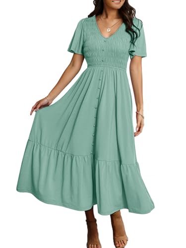 Image of Simplee Womens Summer Smocked Flowy Dress - Casual Flutter Sleeve Tiered Boho Maxi Dresses with Pockets