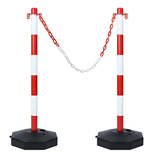 UISEBRT 2 Stück Absperrpfosten Kettenpfosten aus Kunststoff mit 2 Absperrketten von 140cm Sperrpfosten mit Standfuß 82 x 28 x 28cm für Verkehrskontrolle Warnung Rot und Weiß