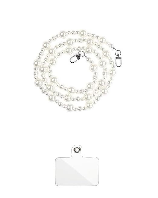 Image of KHOLAD White Bow Phone Chain Crossbody Pearl Strap | 2in1 Wrist & Shouler Crossbody Lanyard | Pearl Beads Charms Chain with Phone Tether Patches | Compatible with Most Phones, Bag, Purse